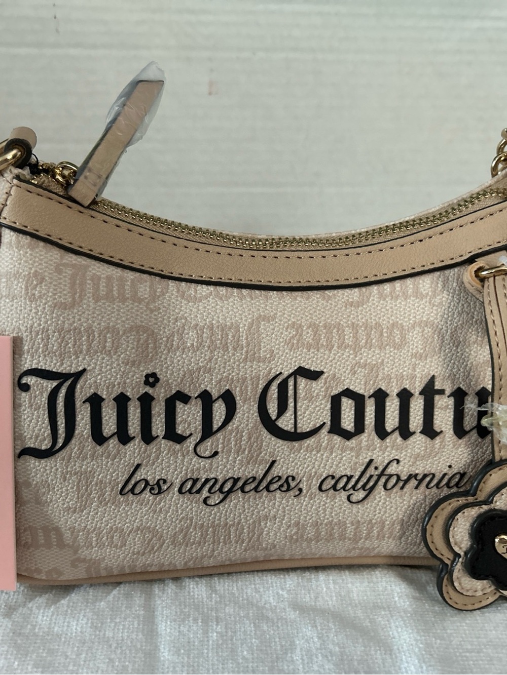 Juicy Couture Beige Logo wristlet/ Shoulder Bag with Floral Charm NWT